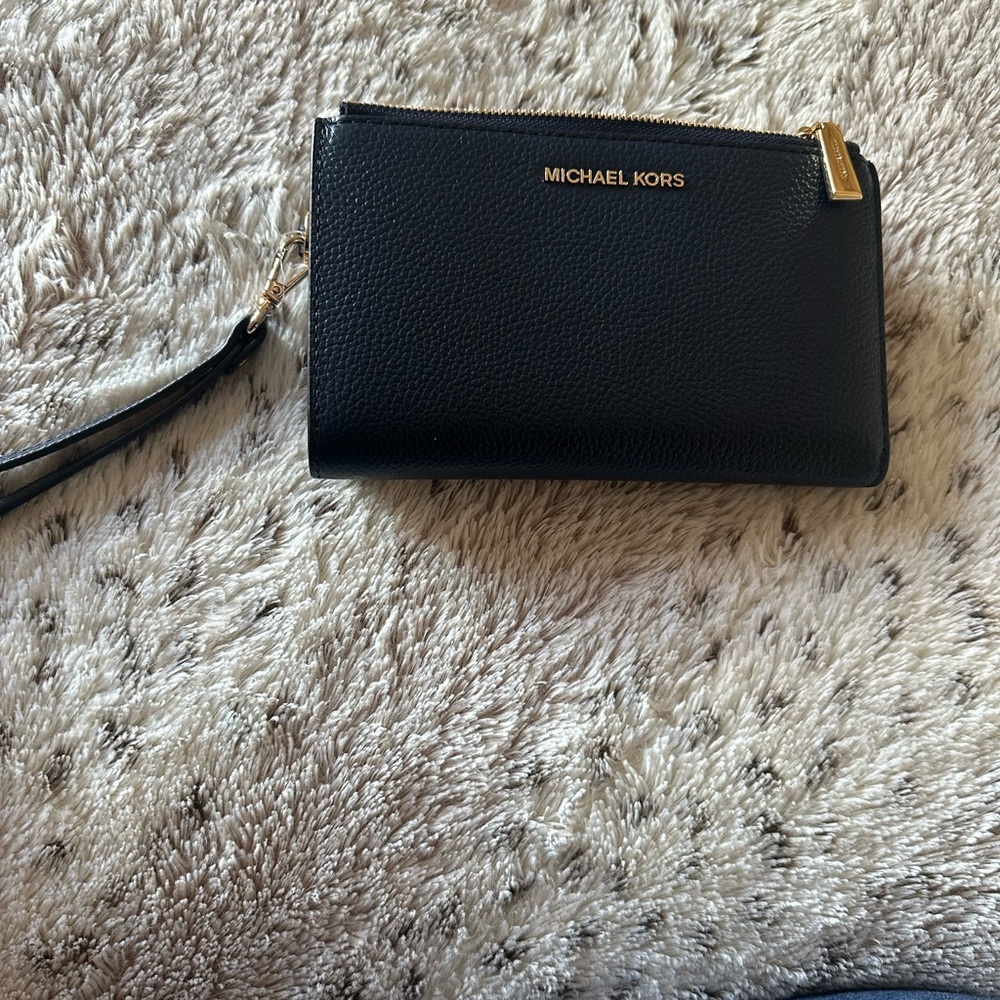 Michael Kors Black Leather Wristlet with Gold Accents